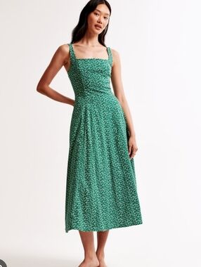 Abercrombie & Fitch Green Floral Square-Neck Midi Fit And Flare Stretch Dress